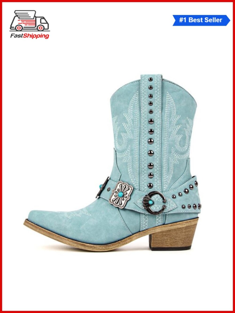 ✨Cowgirl Western Ankle Boots Faux Leather Embroidery Pointed Toe Block Heel